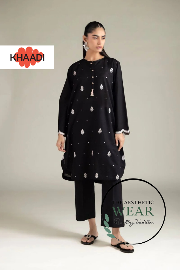 Black Embroided Texture Cotton Kurta set