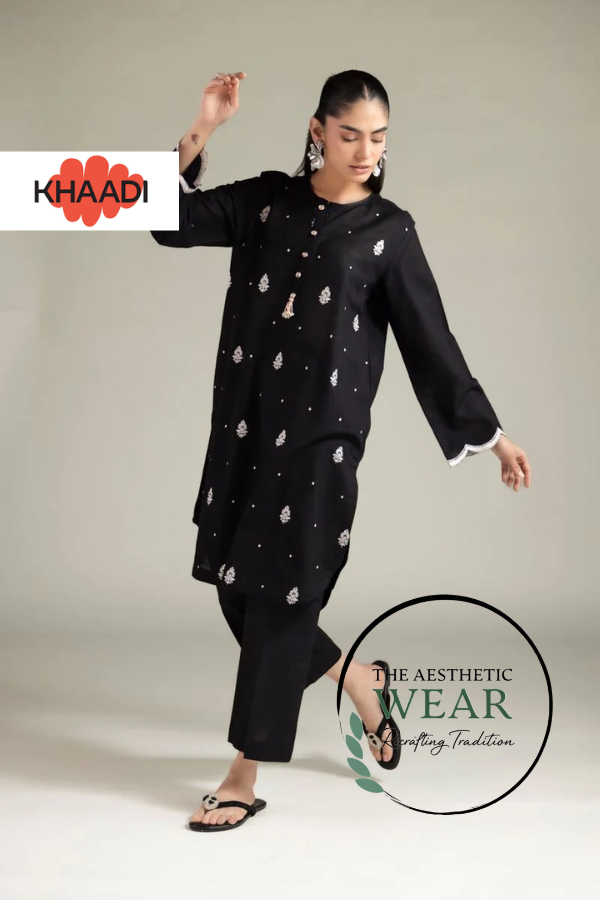 Black Embroided Texture Cotton Kurta set