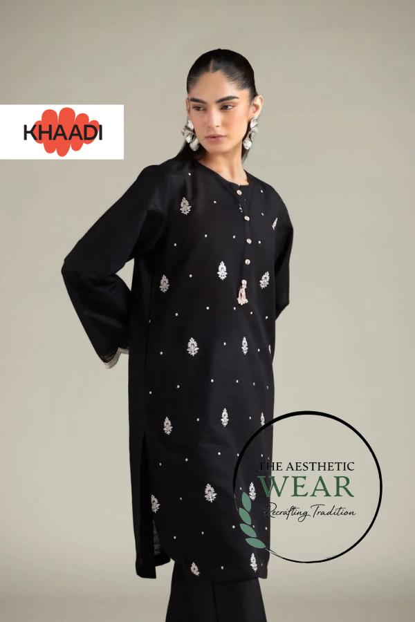Black Embroided Texture Cotton Kurta set