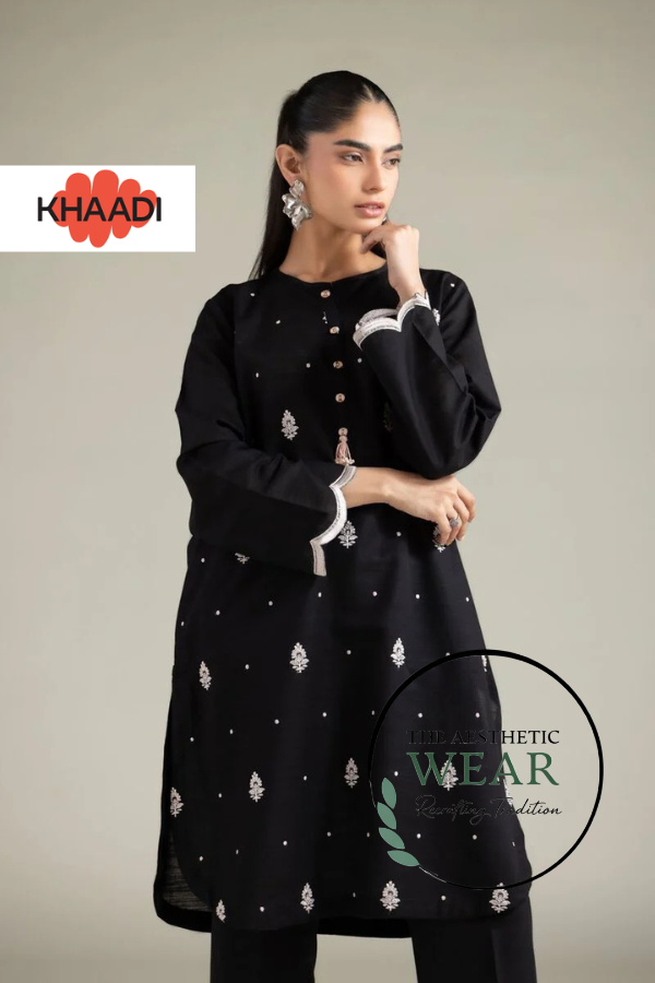Black Embroided Texture Cotton Kurta set