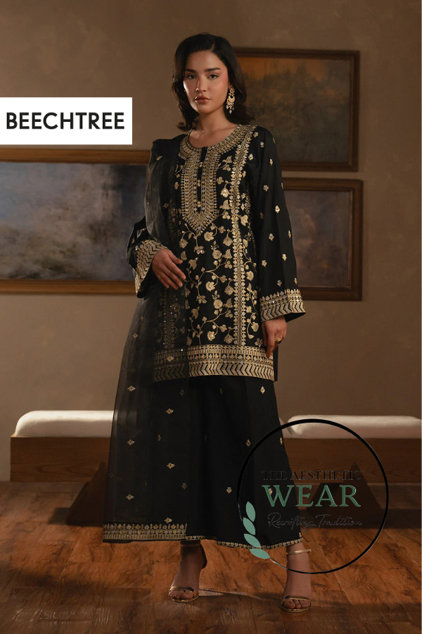 Black 3 PIECE EMBROIDERED RAW SILK SUIT
