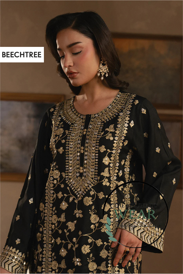 Black 3 PIECE EMBROIDERED RAW SILK SUIT