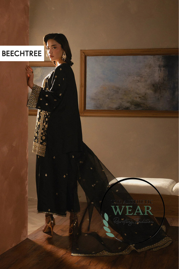 Black 3 PIECE EMBROIDERED RAW SILK SUIT