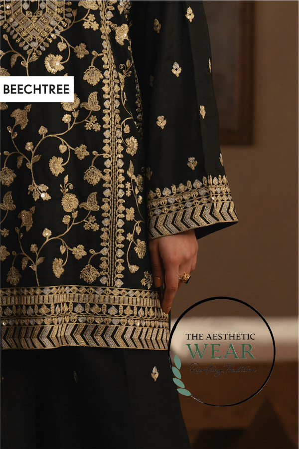 Black 3 PIECE EMBROIDERED RAW SILK SUIT