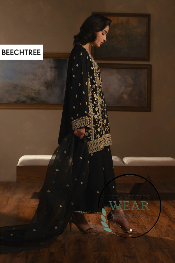 Black 3 PIECE EMBROIDERED RAW SILK SUIT