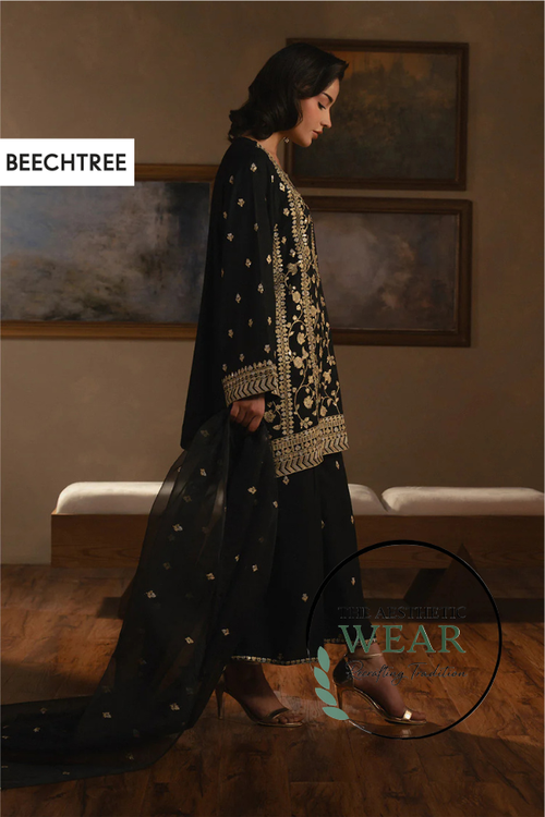 Black 3 PIECE EMBROIDERED RAW SILK SUIT