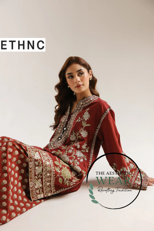 DEEP BURGUNDY EMBRIODED SUIT - The Aesthetic Wear