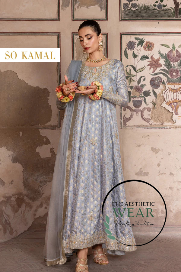 Ice Blue Zari Jamawar 2PC Suit featuring embroidered front and embellished sleeves in intricate design.