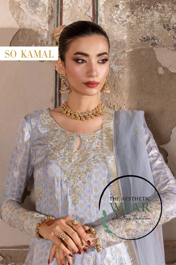 Ice Blue Zari Jamawar 2PC Suit showcasing embroidered peshwas style with intricate zari work and embellished neckline.